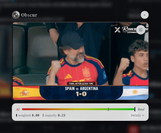 The Obscur verdict panel open over the page, showing the AI-to-Real scale for a video frame